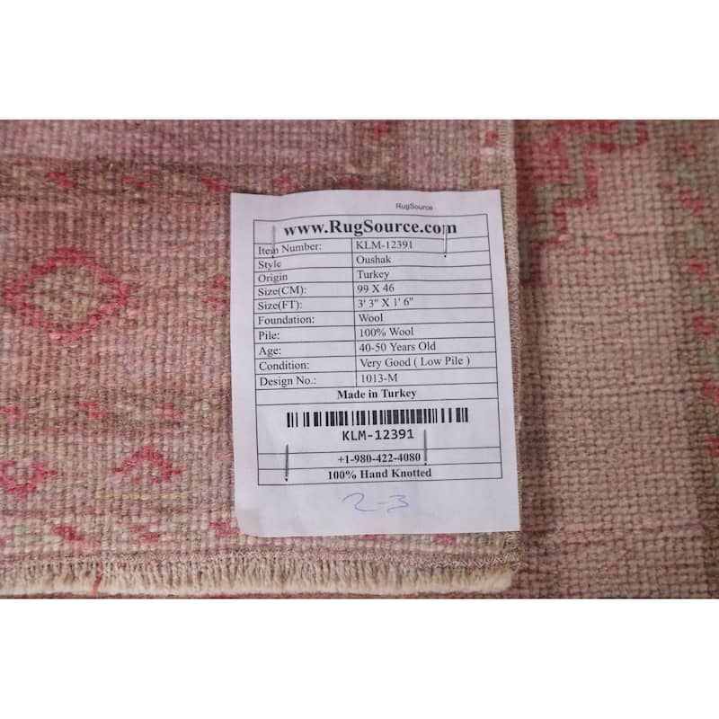 Vintage Geometric Oushak Turkish Oriental Wool Rug Hand-knotted Carpet - 1'6" x 3'3"