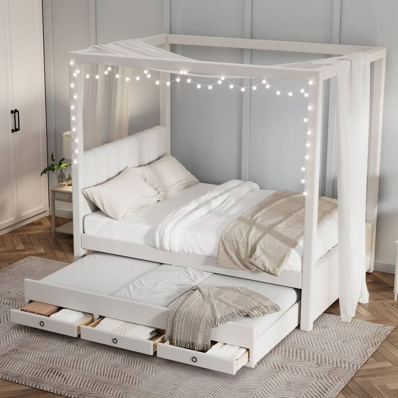 Upholstered Canopy Platform Bed with Trundle and Storage Drawers