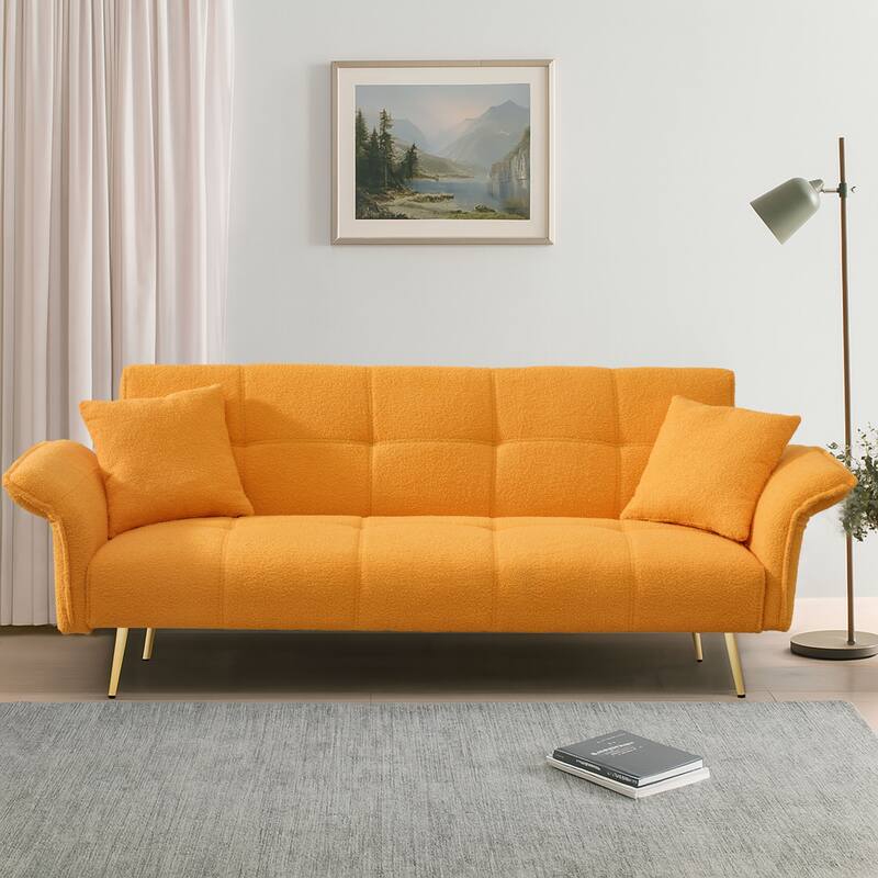 Modren Teddy Fabric Upholstered Convertible Futon Sofa Bed with Folding Armrests - Yellow