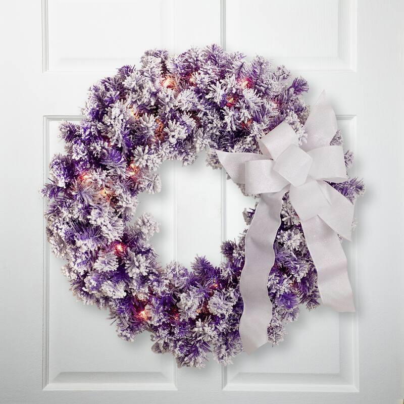 Pre-Lit Flocked Pine Artificial Christmas Wreath - 24" - Purple - Clear Lights