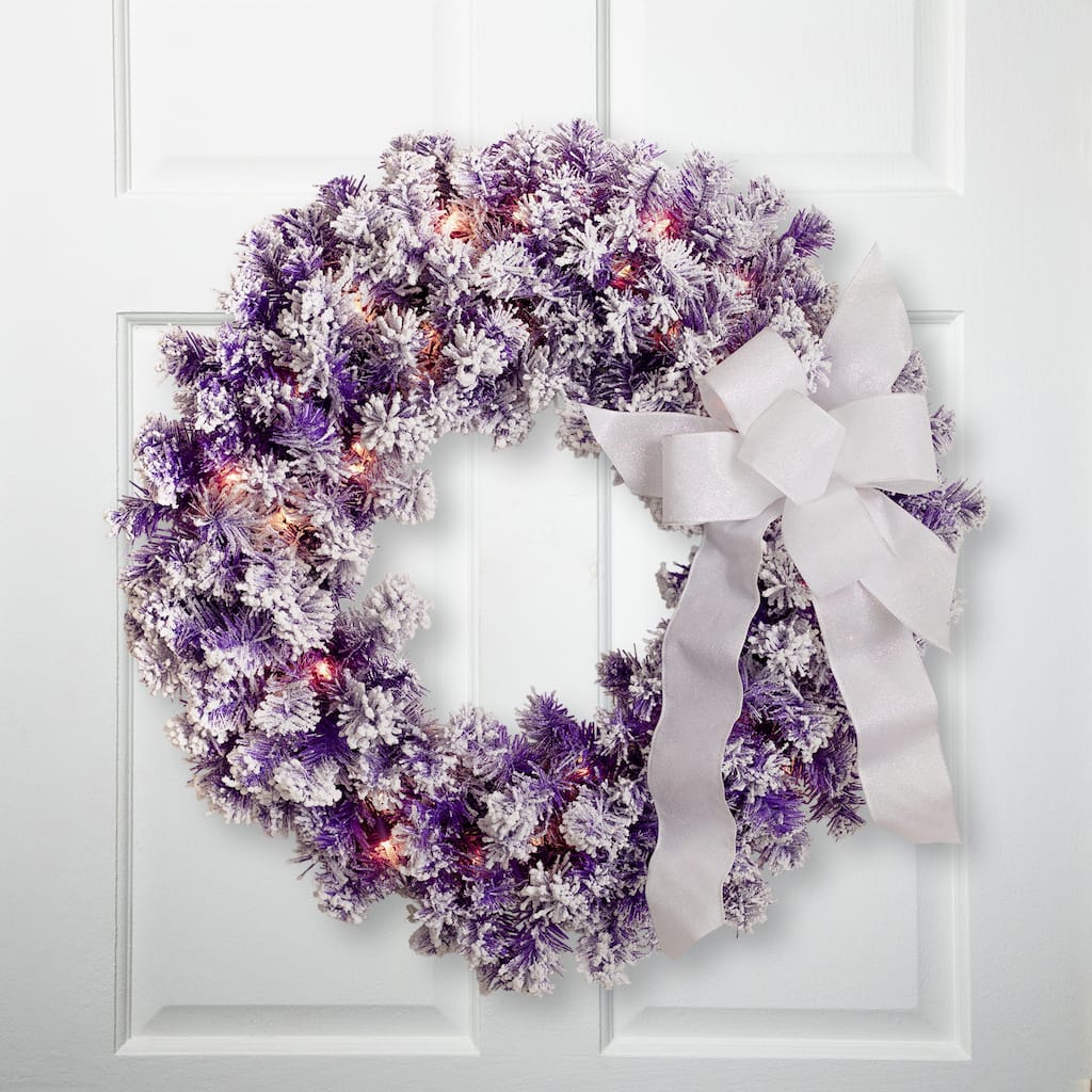 Pre-Lit Flocked Pine Artificial Christmas Wreath - 24" - Purple - Clear Lights