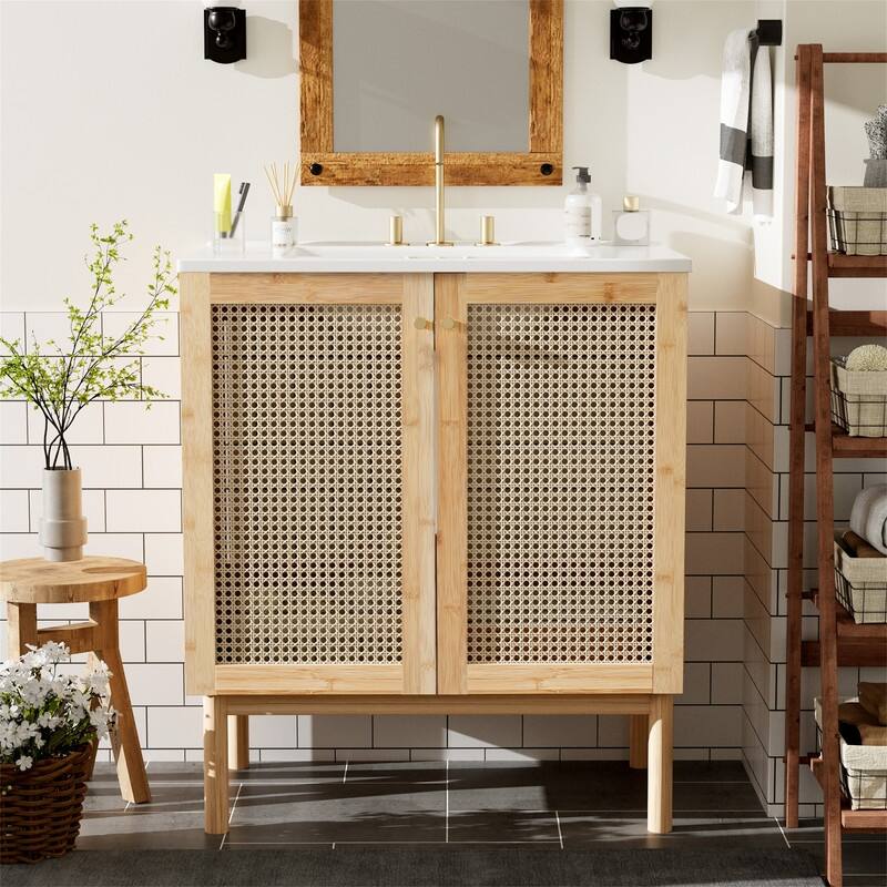 30'' Bathroom Vanity with Ceramic Sink Combo, Freestanding Bathroom Storage Cabinet with 2 Rattan Soft Close Doors - Wood