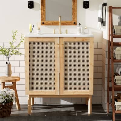 30'' Bathroom Vanity with Ceramic Sink Combo, Freestanding Bathroom Storage Cabinet with 2 Rattan Soft Close Doors