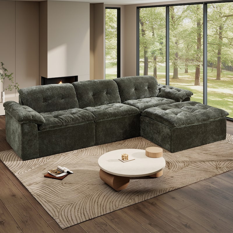 Rossetta L-Shaped Modular Chenille Cushioned Extreme Comfort Sofa with Detachable Backrest and Armrests, 1 Removable Ottoman - Emerald