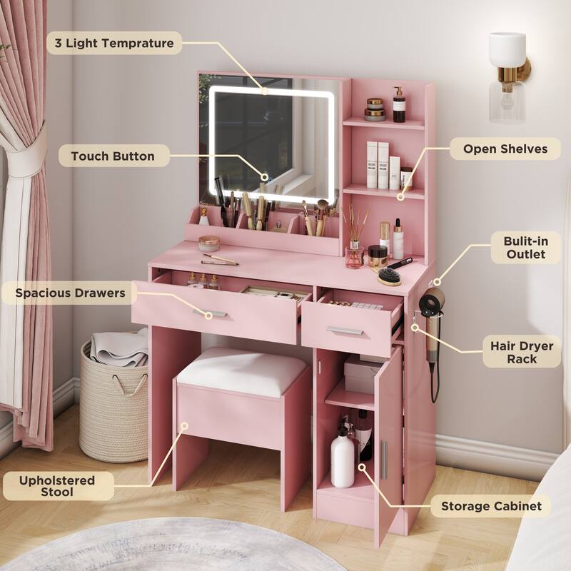 2-Piece Vanity Set with Upholstered Stool, Makeup Vanity Desk with LED Light Mirror and Charging Station