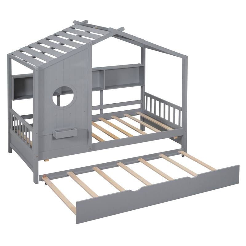 Modern Twin Size House Bed with Trundle and Storage Shelf, Gray