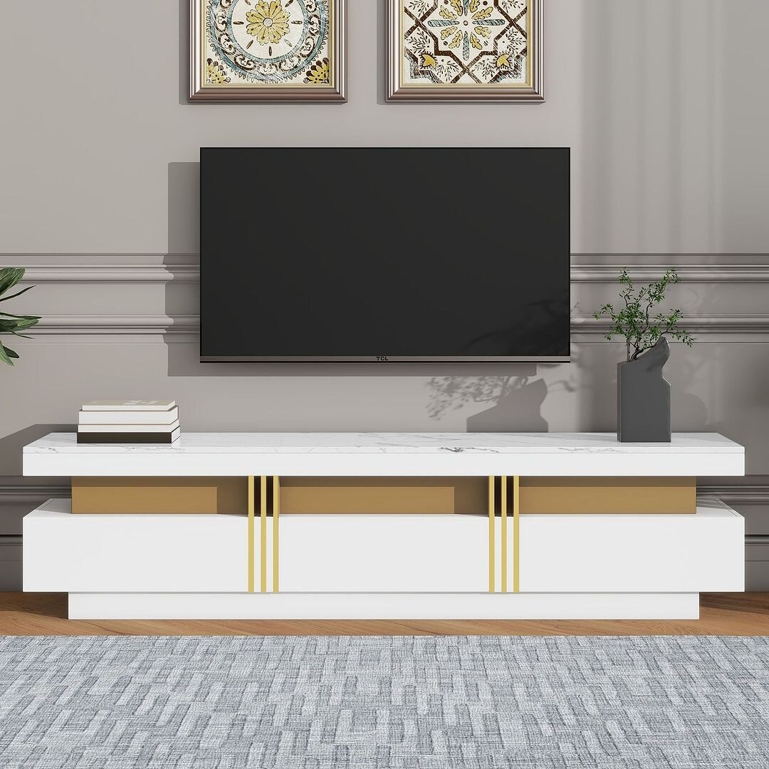 Modern TV Stand with High Gloss Faux Marble Top for TVs Up to 78 68.8 W x 14.9 D x 16.5 H