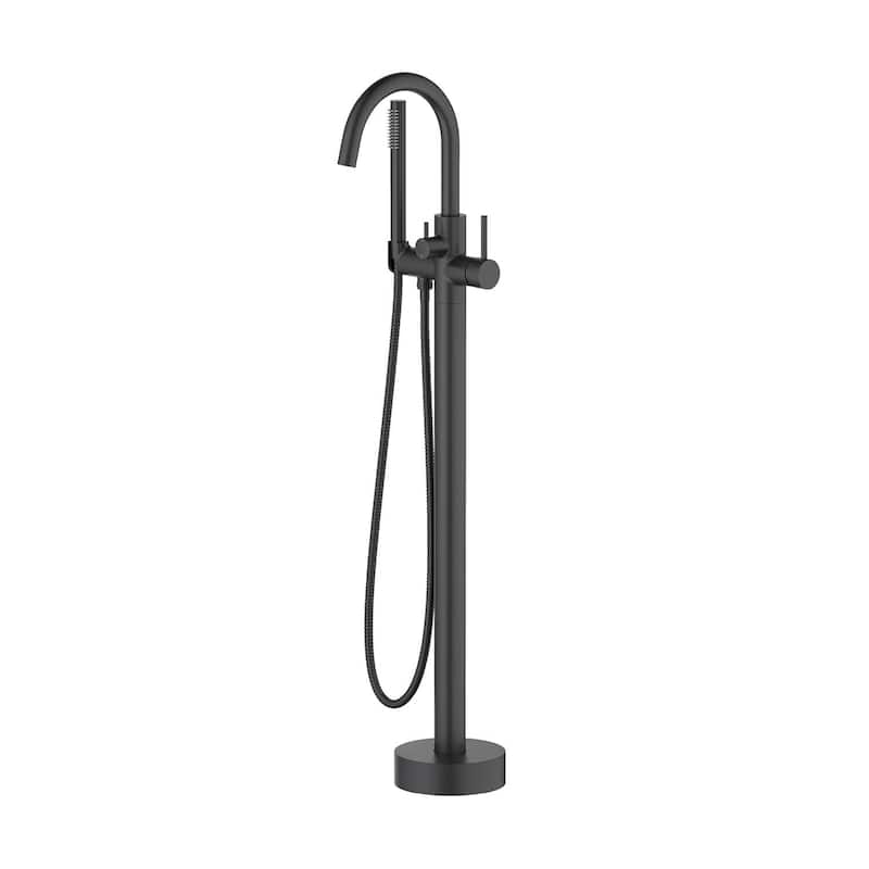 Circular Single Handle Floor Mounted Freestanding Tub Filler With Hand Shower - Matte Black