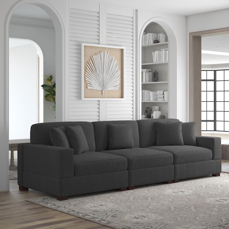 Corduroy Couch Modular Sectional Sofa with Pillows - 3 Piece - Grey
