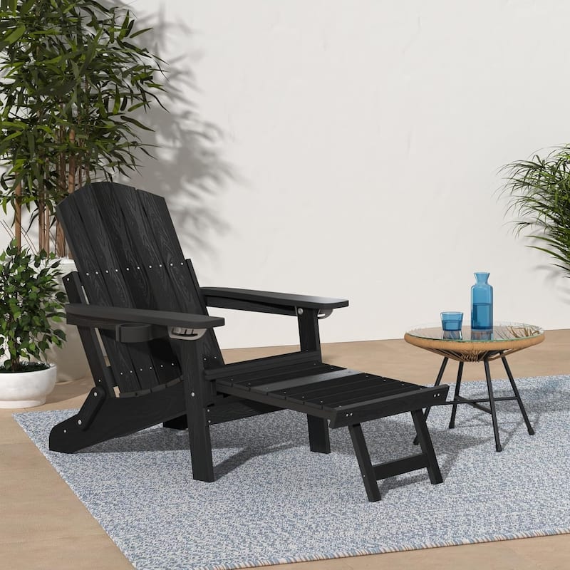 WINSOON All Weather HIPS Folding Adirondack Chair with Ottoman, 5-Gear Adjustable Backrest and Retractable Ottoman Set of 4