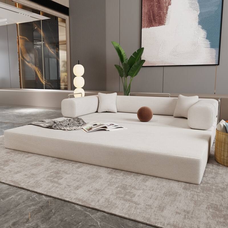 Convertible Couch Modular Sofa Bed with Wide Armrests, Beige Upholstered Sofa Couch with Pillows for Living Room