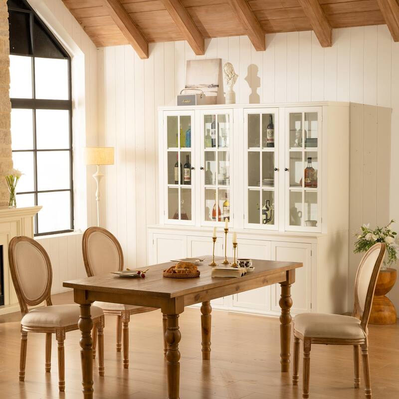 Set of Two 75.25'' Tall Pantry with Double Glass Doors, Traditional Style China Cabinet Hutch Cabinet - White - White