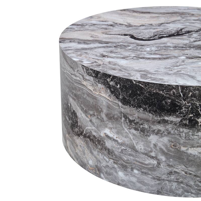 Round Faux Marble Coffee Table, Modern Drum Center Table Wood End Table for Living Room, Apartment, Office