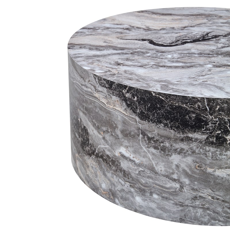 Round Sofa Table with Natural Marble Textured, Cylindrical Coffee Table Accent Table for Living Room