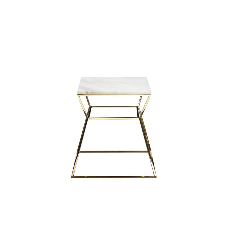 Lio 18 Inch Side End Table, White Marble Top, Gold Open Hourglass Frame