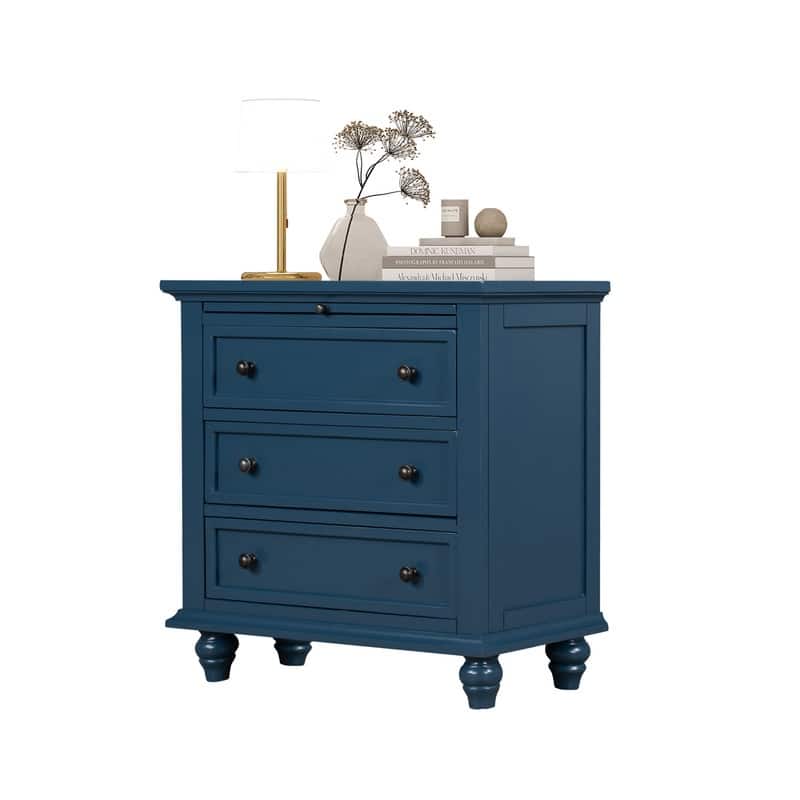 Farmhouse 3-Drawers Wood Nightstands with Pull Out Tray and Solid Wood Legs