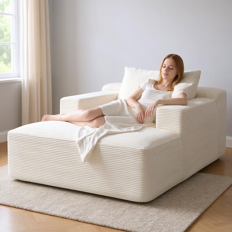 Convertible Chaise Lounge Chair Indoor - Oversized Corduroy Couch with Wide Armrest & Throw Pillows - Beige