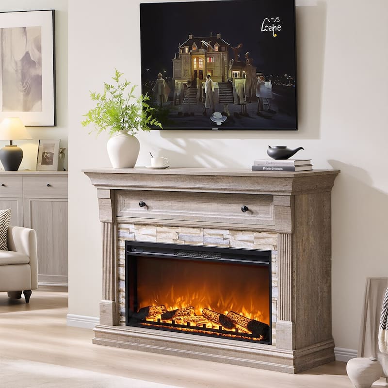 52" Farmhouse Electric Fireplace TV Stand, Wood Entertainment Center - GREY