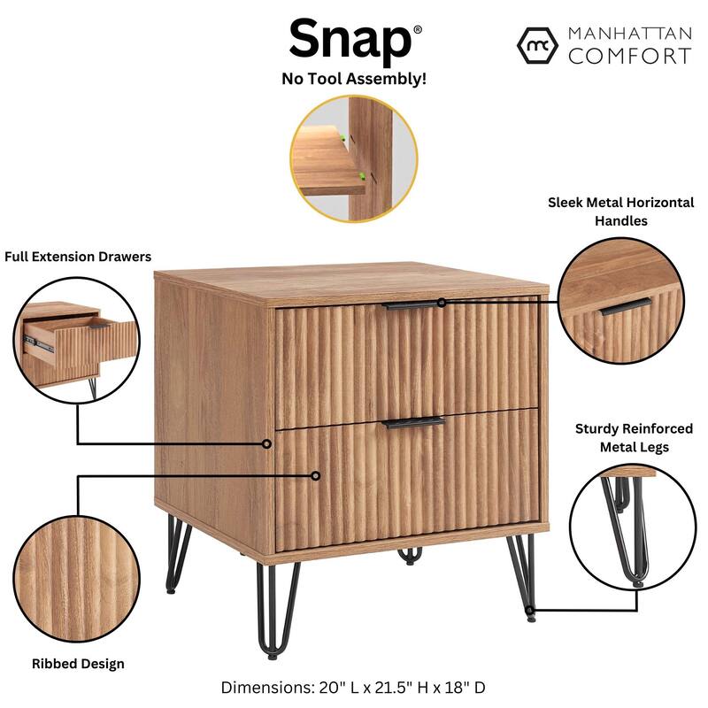 Manhattan Comfort Dumbo Mid Century Nightstand with 2 Drawer and Metal Feet.