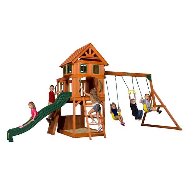 slide 2 of 12, Backyard Discovery Atlantis Cedar Wood Swing Set, Slide, Clubhouse - 18'1" x 7'9" Brown - Swing Set - 18'1" x 7'9" - Kids