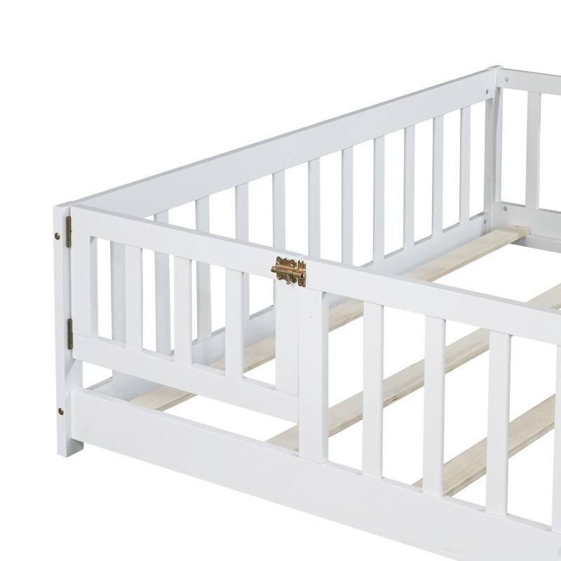 Full Size Floor Bed with Fence and Door, Safety Guardrails