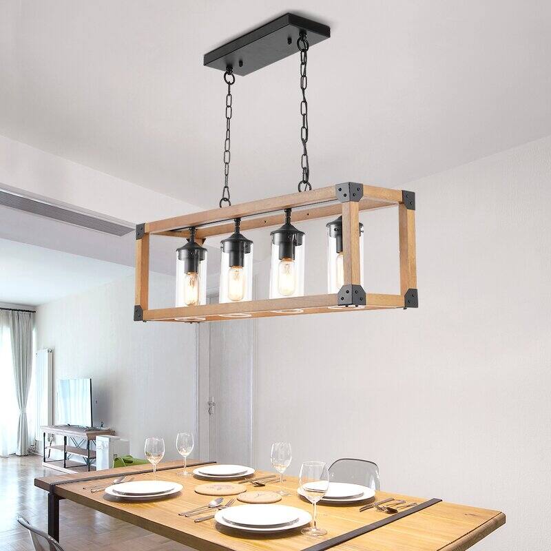 Maxax 4 - Light Kitchen Island Rectangle Chandelier with Wood Accents - MX19045-4-P