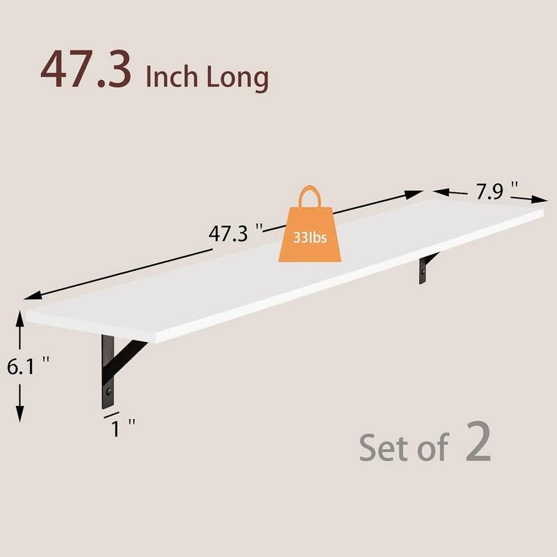 Long Wall Shelves, 47.3Inch Wall Mounted Shelves Set of 2 - 7.9"D x 47.3"W x 6.1"H