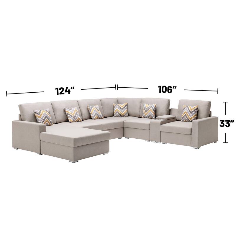 Linen Fabric 7 Piece U-Shaped Reversible Chaise Sectional Sofa with Storage Console Table and 6 Pillows