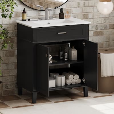 30" Bathroom Vanity w/ Ceramic Sink, Solid Wood Frame Bathroom Storage Cabinet with Soft Close Door & Adjustable Shelves, Black