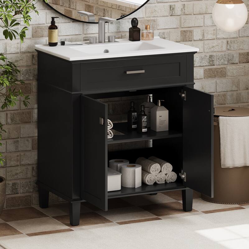 30-inch bathroom vanity with ceramic basin, soft close door and adjustable shelves