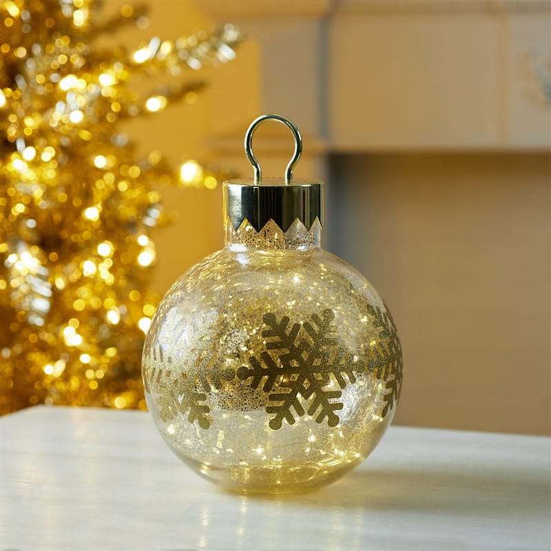 13" LED Mercury Glass Christmas Ball Gold Ornament with Lights for Mantel or Shelf Display - 9.5”L x 9.5”W x 13”H