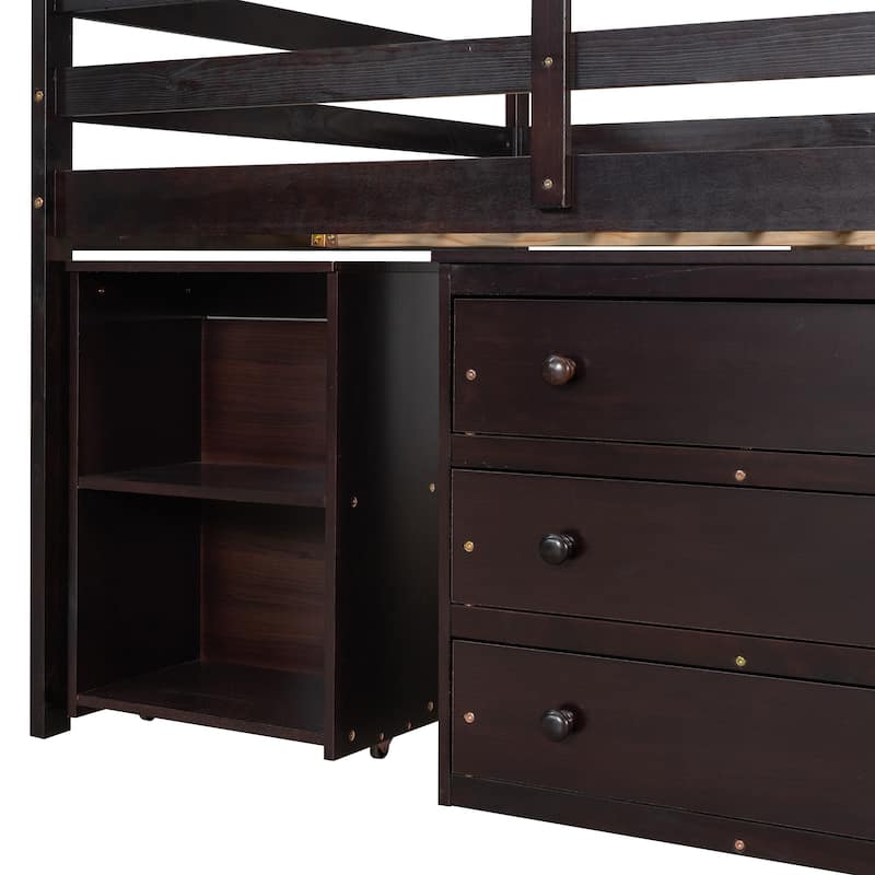 Low Study Loft Bed with Cabinet and Rolling Portable Desk