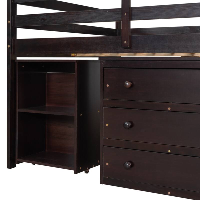 Multiple Functions Low Loft Bed with Cabinet, Shelves and Rolling Portable Desk