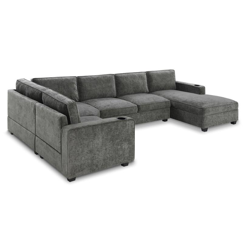 119" U-Shaped Chenille Sectional Sofa with Chaise and Cup Holders