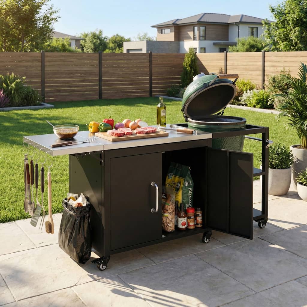 76.6" Outdoor Large Grill Cart with Storage Cabinet, Adjustable Shelf & Hooks & Bottle Opener