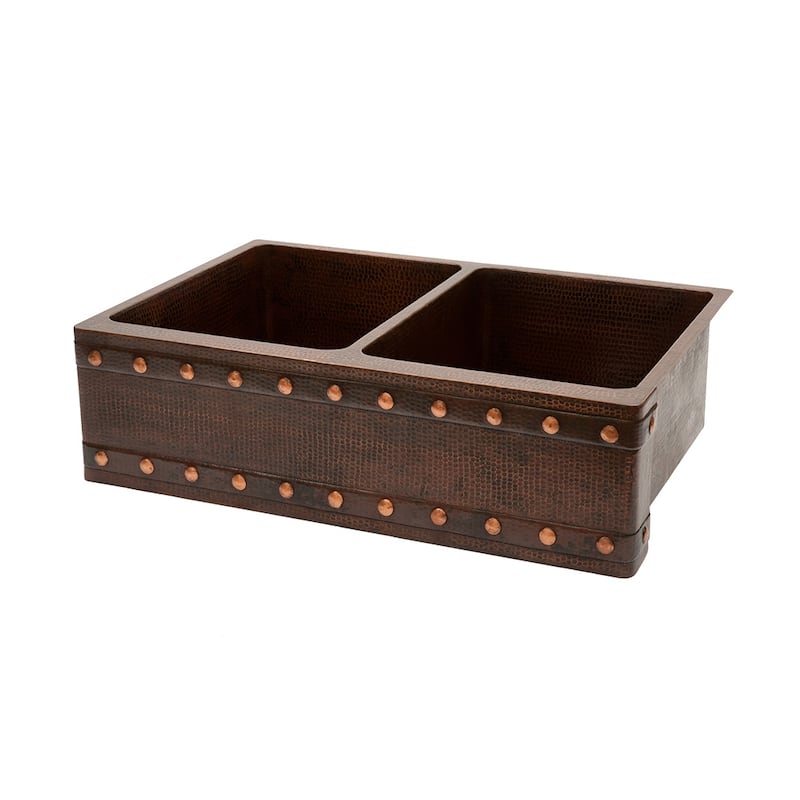 33-in Hammered Copper Kitchen Apron 50/50 Double Basin Sink w/ Barrel Strap Design with Accessories (KSP3_KA50DB33229BS)