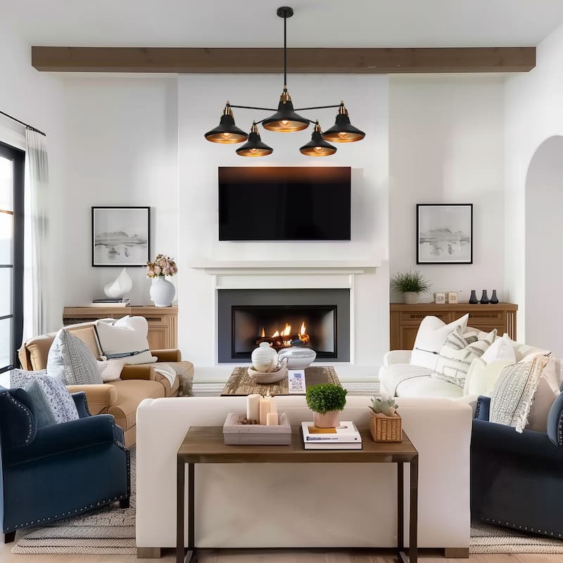 Modern Industrial 5-Light Black Gold Wheel Kitchen Island Chandelier Metal Pendant Lights for Dining Room - 33" D x 9" H