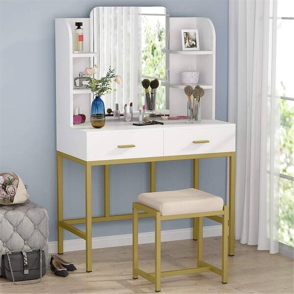 Shop Vanity Set With Mirror Stool Included Shelves And 2 Drawers Gold White Overstock 31312117