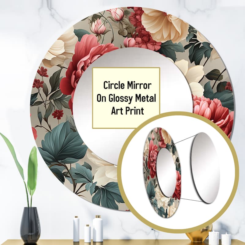 Designart "Antique Rose Muted Green Garden" Floral Living Room Mirror - Green Traditional Round Mirror