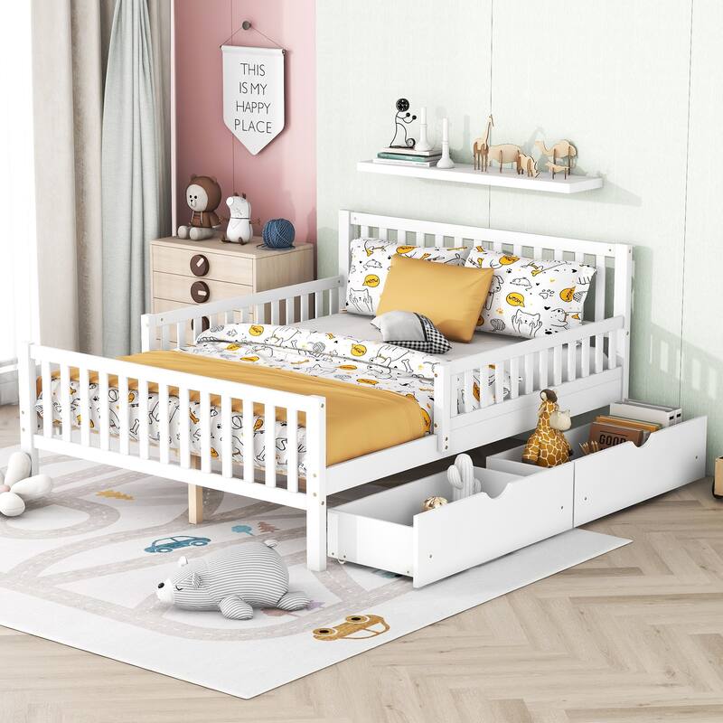 Full Size Wood Platform Bed with Guardrails on Both Sides and 2 Storage Drawers, Gray