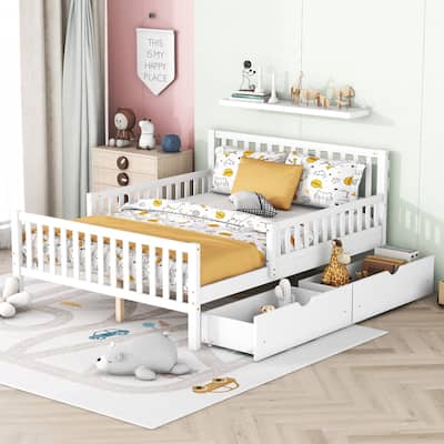 White Full Size Wood Bed with Guardrails and Two Storage Drawers