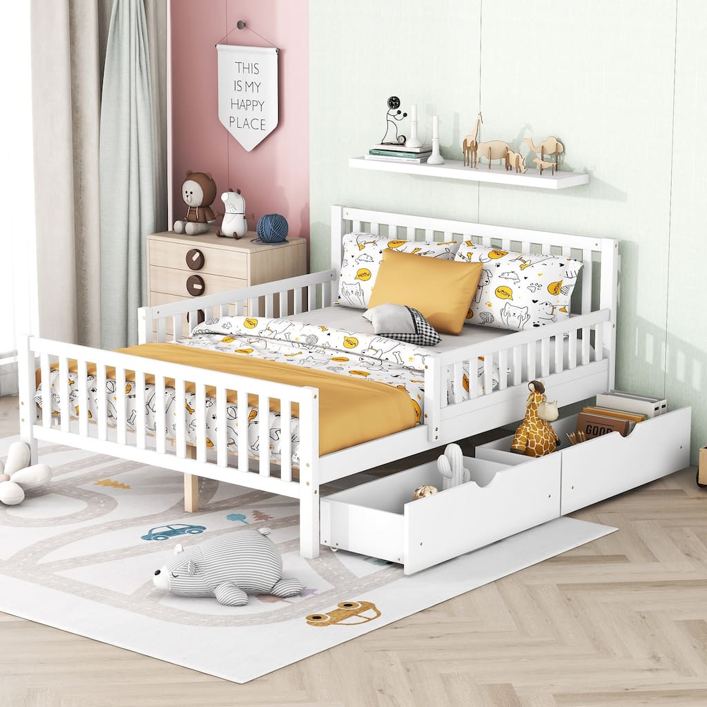 White Full Size Wood Platform Bed with Guardrails and 2 Storage Drawers