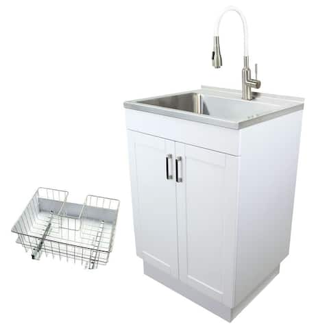 Transolid 24-in Laundry Cabinet/Sink,Faucet, and Basket in White - 23.6" x 19.7" x 34.6"