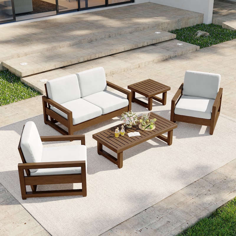 5-Piece Outdoor Solid Teak Wood Patio Conversation Set - Beige - BrownFrame