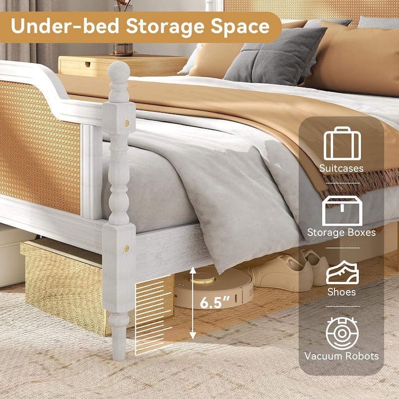 Rattan King Size Platform Bed Frame - Handwoven Rattan Headboard and Footboard, Solid Pine Wood, No Box Spring Needed , Walnut
