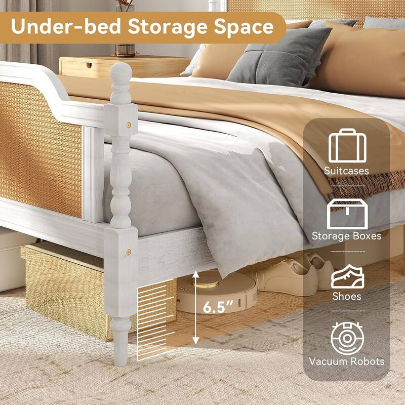 Rattan Platform Bed Frame with Handwoven Rattan Headboard and Footboard, No Box Spring Needed Solid Pine Wood Bed Frame