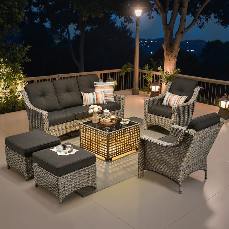 OVIOS 6 Pieces Outdoor Wicker Set With Solar-Powered Table - Black