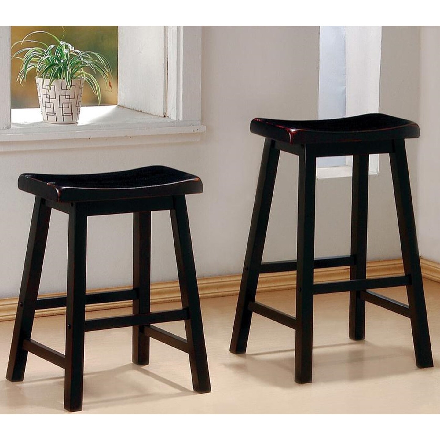 Casual Distressed Black Cherry Saddle Design Stools Set of 2