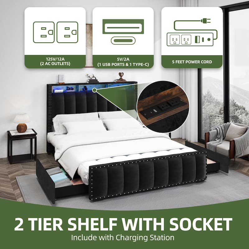 Velvet Upholstered Platform Bed with 4 Storage Drawers and RGB LED Lights&Charging Station