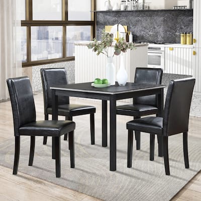 5 Piece Kitchen Dining Table Set with 4 Leather Upholstered Dining Chairs Square Dining Table with Crystal Accent Table Edge